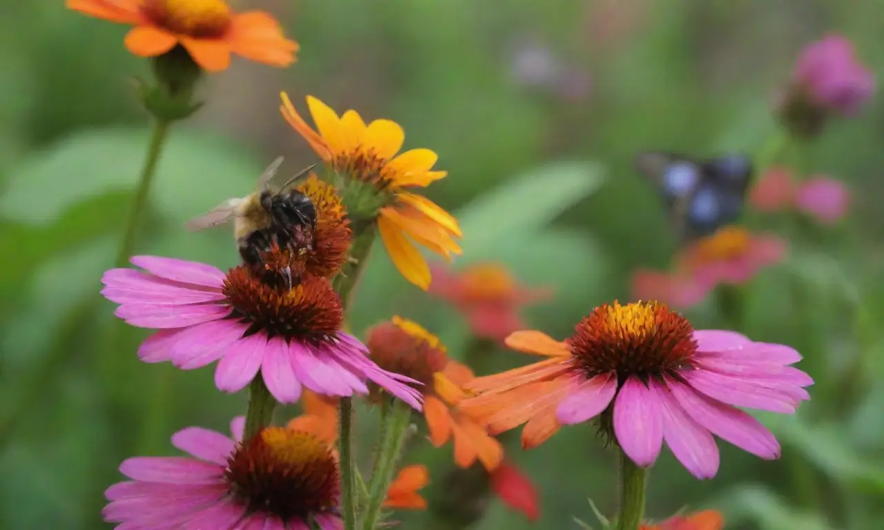 Jardín vibrante con flores, plantas diversas y polinizadores activos