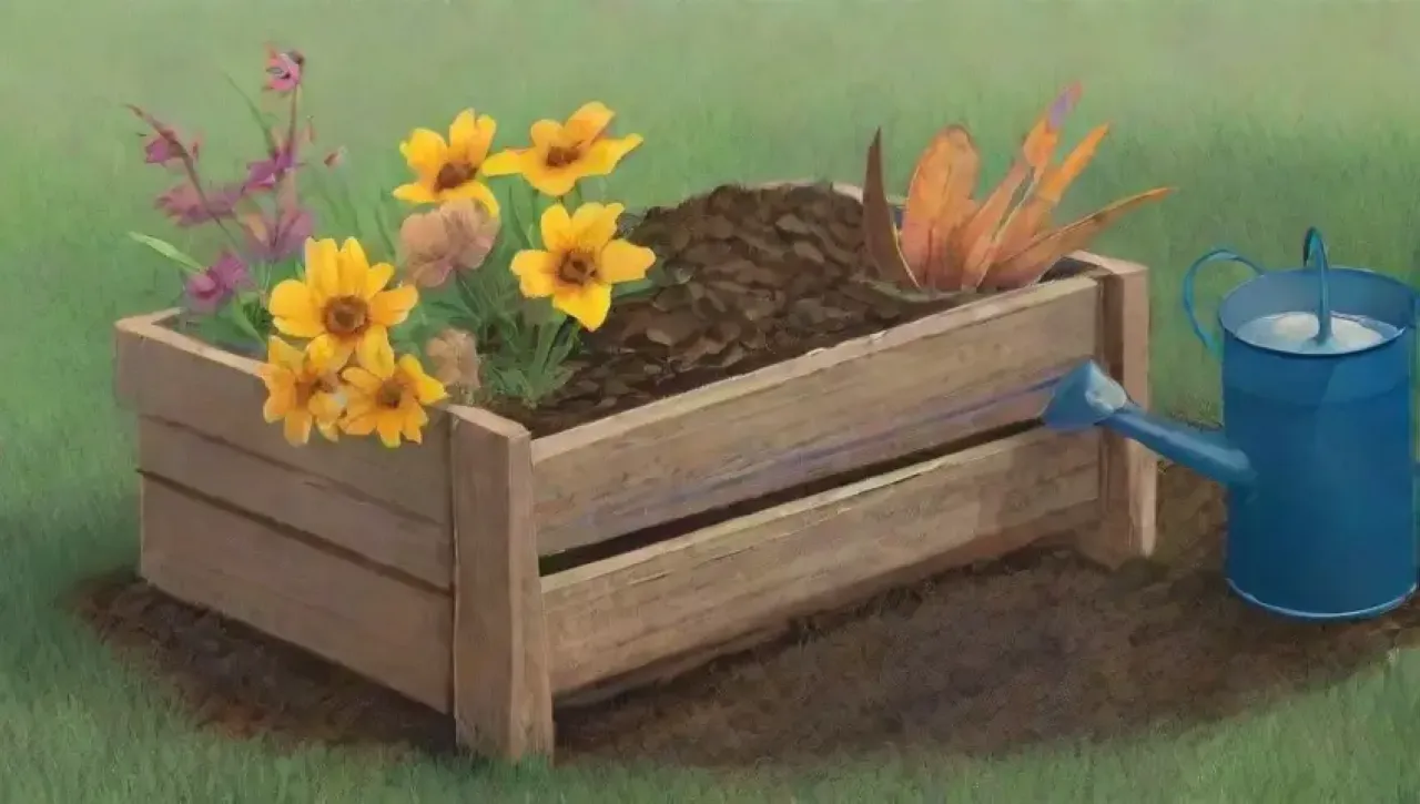 Un jardín vibrante con flores, mariposas y un compostero, donde la vida florece en armonía