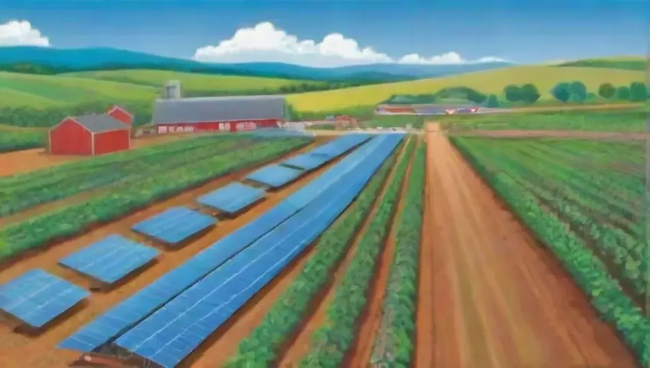 Agricultura innovadora y sostenible con tecnología integrada en un paisaje vibrante