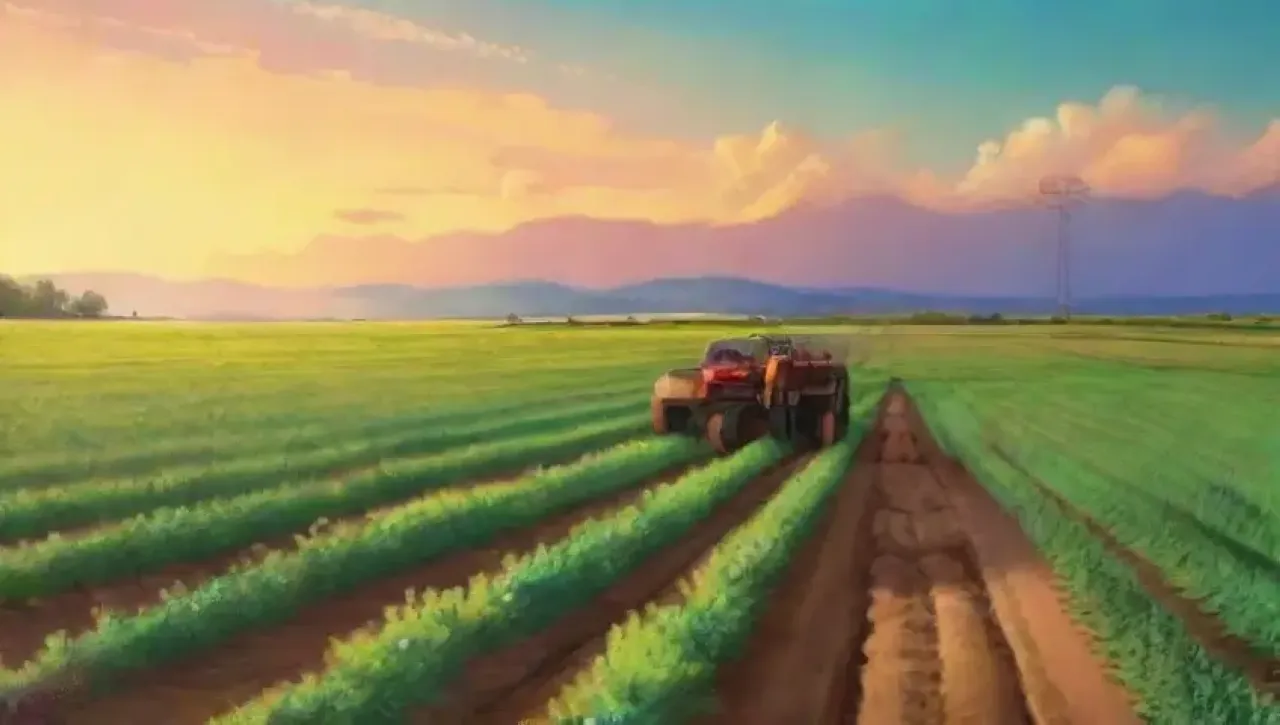 Un paisaje agrícola moderno y armonioso donde la tecnología y la naturaleza coexisten