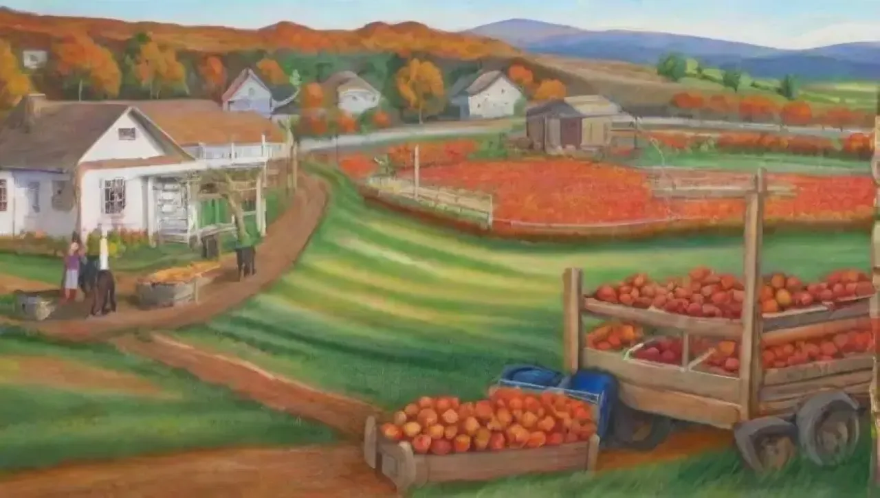 Un paisaje rural vibrante con campos verdes, cultivos, calabazas, tomates, y un acogedor granero al atardecer