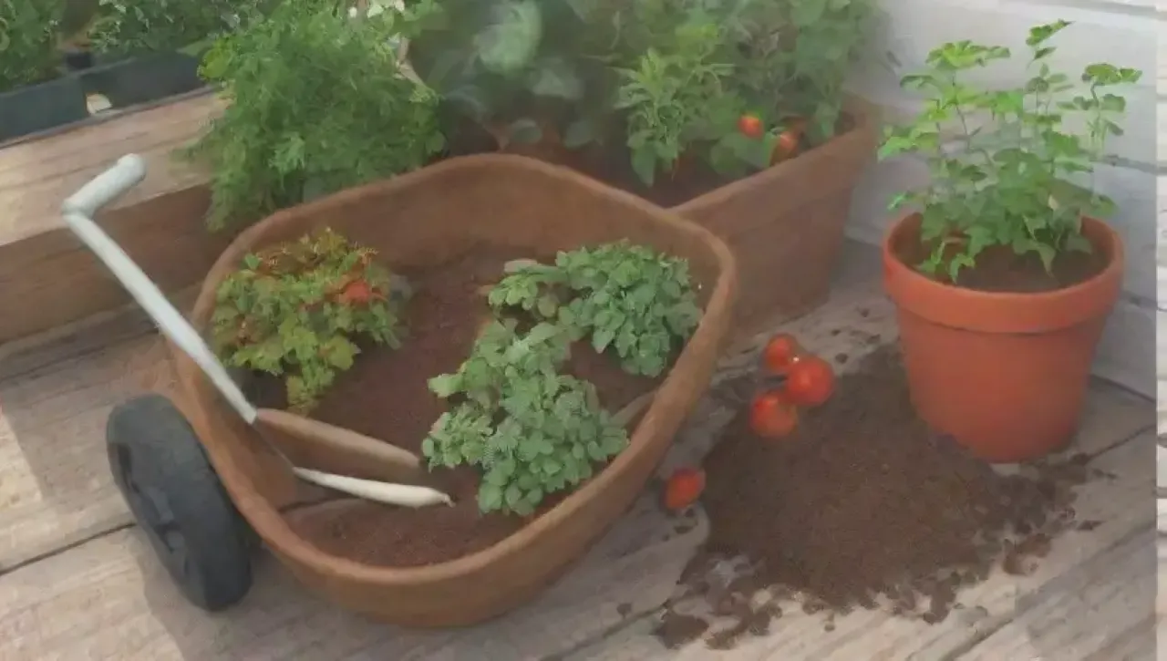 Un jardín vibrante y acogedor lleno de plantas, herramientas y colores