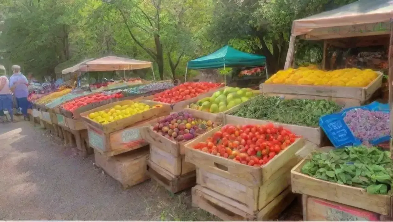 Un mercado agrícola vibrante y lleno de vida con productos frescos y comunidad