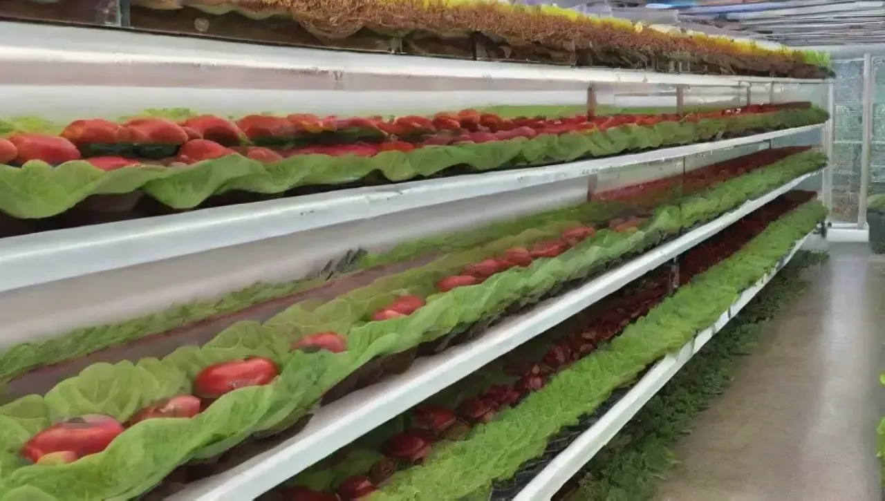 Un moderno invernadero hidroponico lleno de plantas vibrantes y tecnología avanzada
