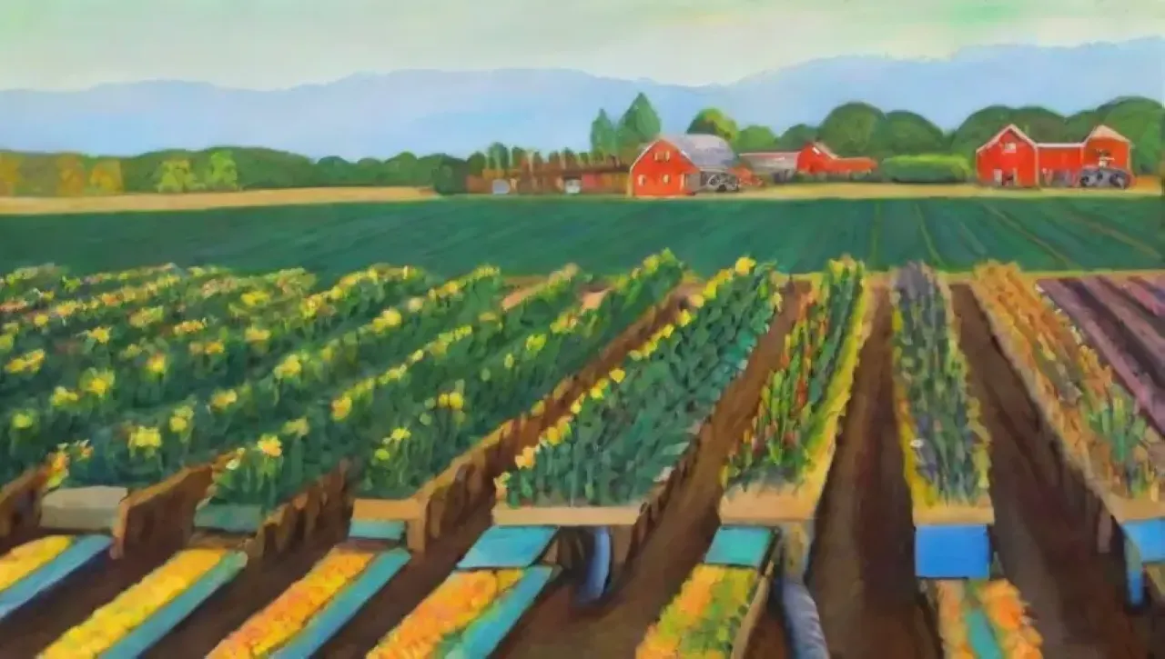 Un paisaje agrícola vibrante con cultivos diversos, vida silvestre y un ecosistema en armonía