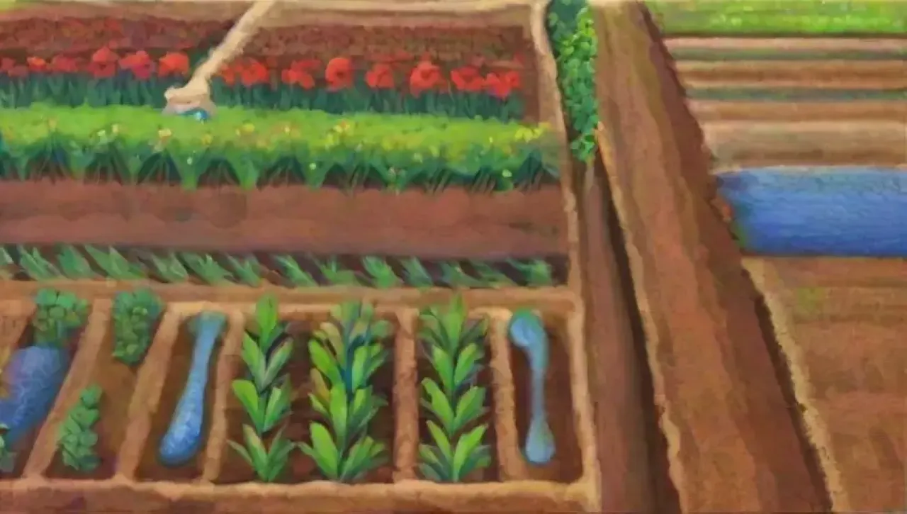 Un paisaje agrícola vibrante con campos verdes, cultivos, agua, y un ecosistema próspero