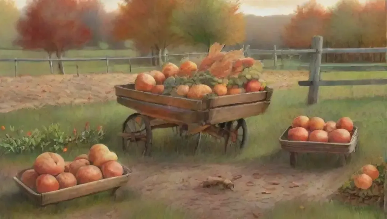Un paisaje otoñal lleno de colores vibrantes, frutas y verduras, con un granjero trabajando en un campo