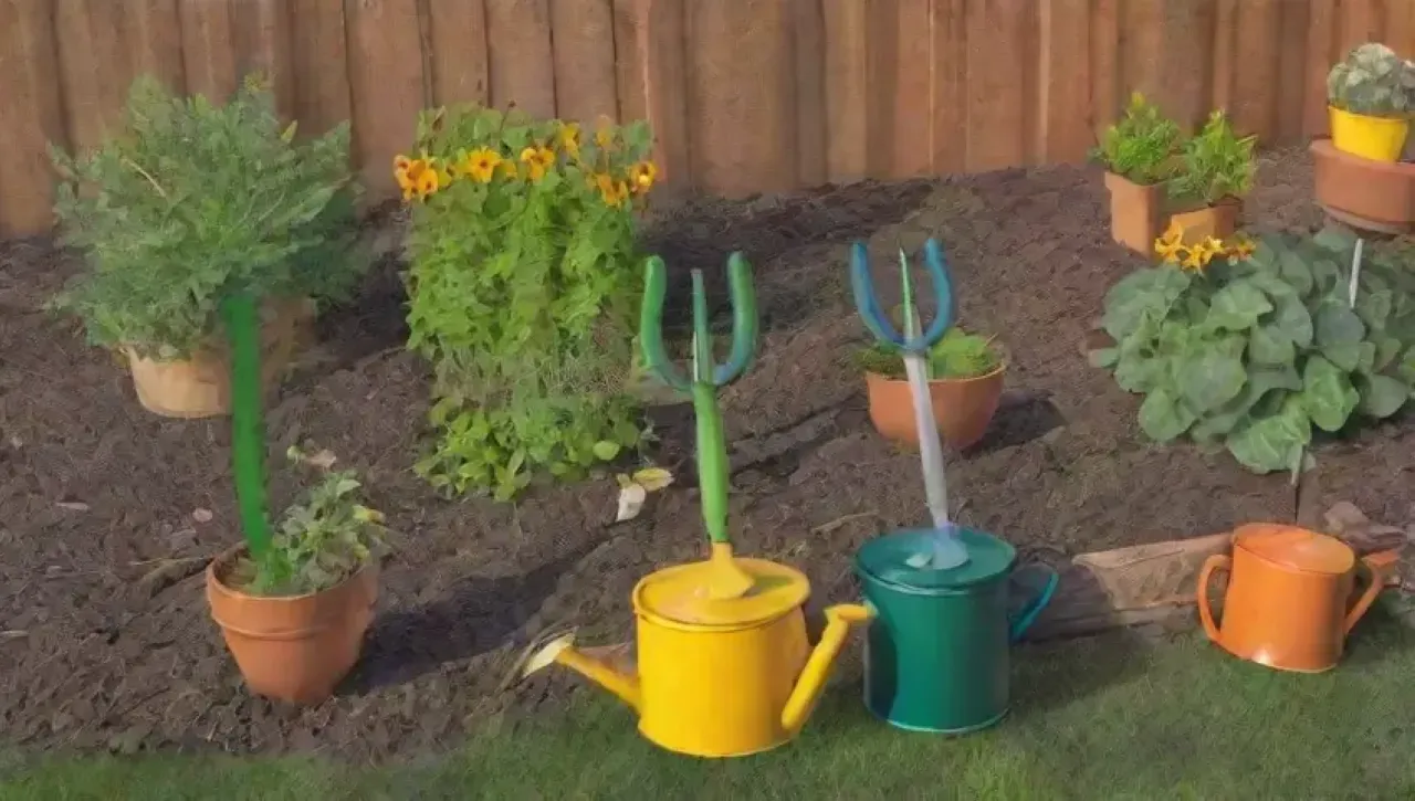 Un jardín vibrante lleno de herramientas coloridas, plantas y vida