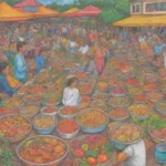 Comunidad unida en diversidad a través de comida y colores vibrantes