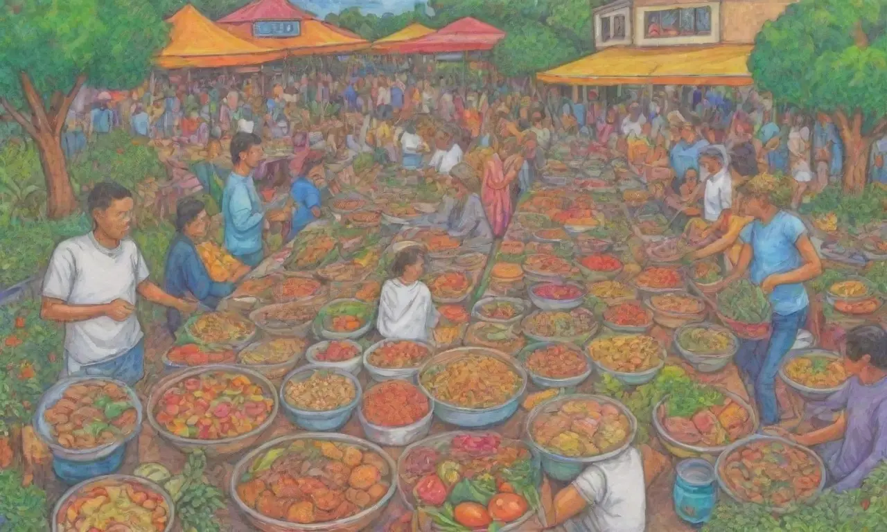 Comunidad unida en diversidad a través de comida y colores vibrantes