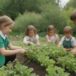 Jardín verde donde niños aprenden sobre ecología y sostenibilidad