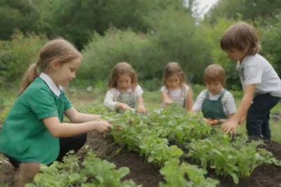 Jardín verde donde niños aprenden sobre ecología y sostenibilidad