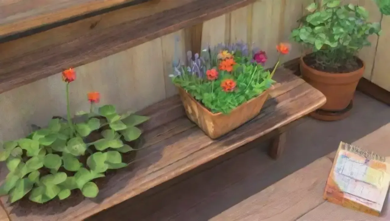 Un jardín vibrante con plantas verdes, flores coloridas y un ambiente sereno