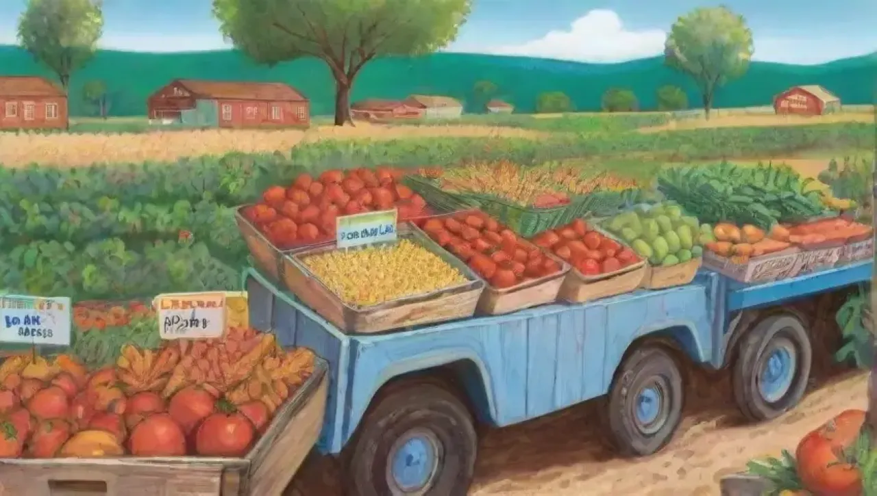 Un mercado local vibrante con campos verdes, productos frescos y una comunidad activa