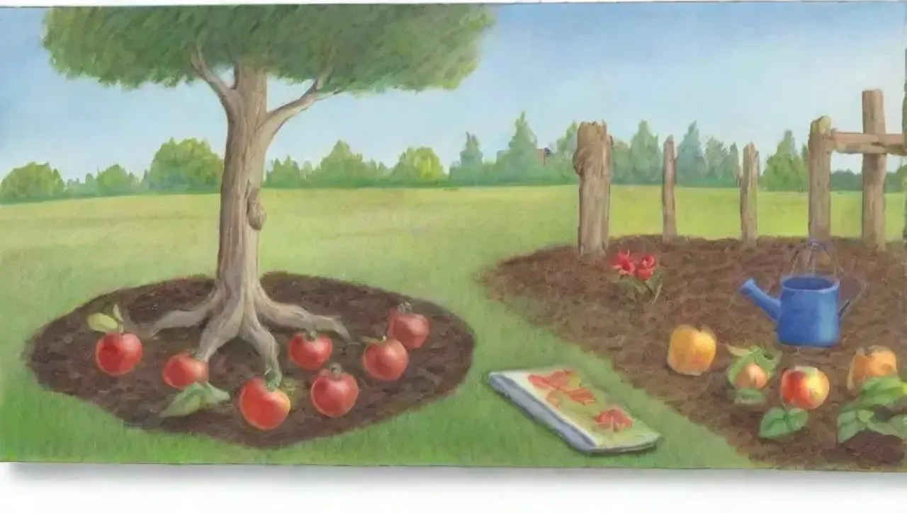 Un vibrante huerto con frutas maduras, hojas brillantes, herramientas de jardinería y un ambiente sereno