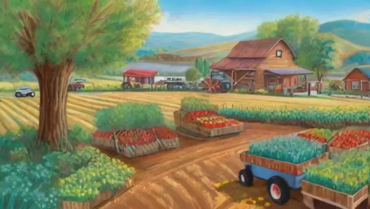 Un paisaje rural vibrante y sostenible lleno de vida y trabajo agrícola