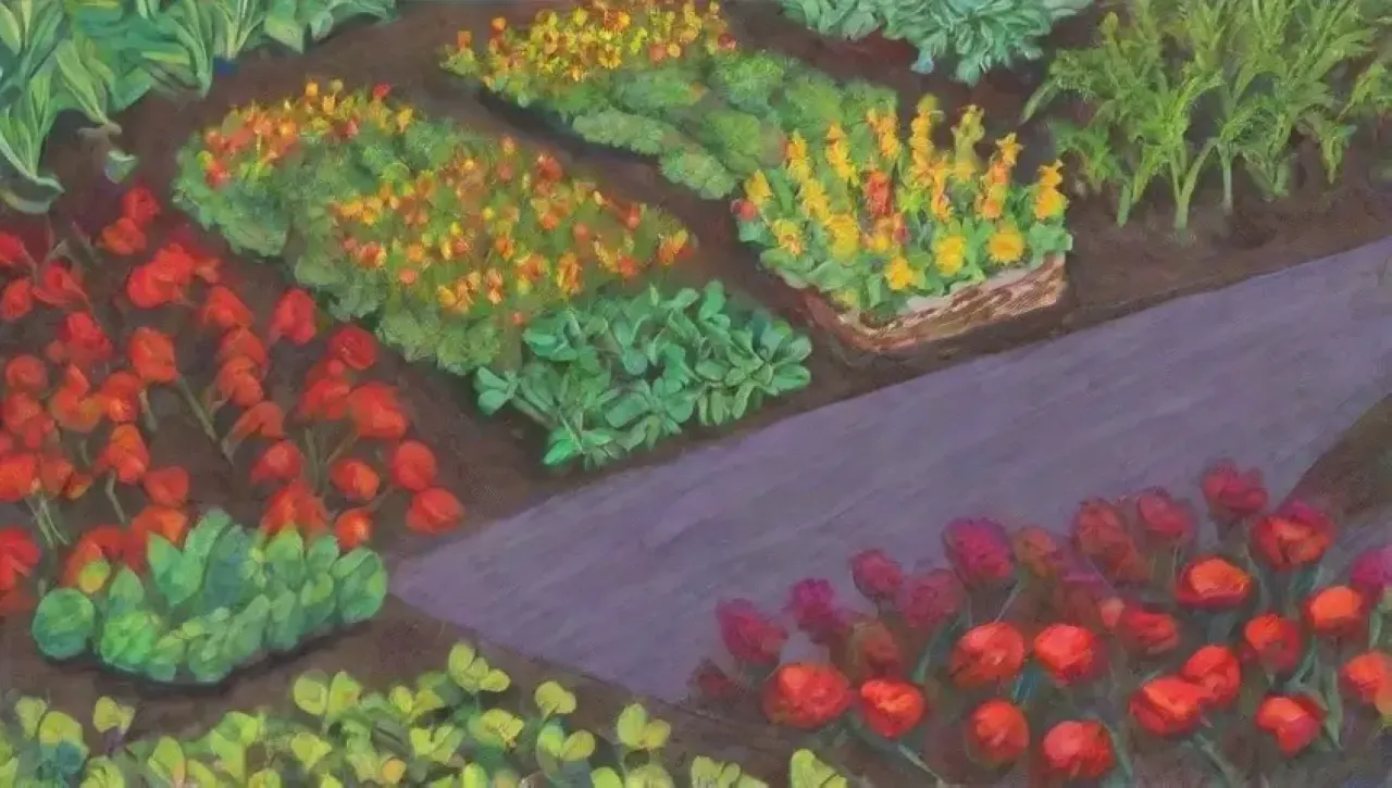 Un jardín vibrante lleno de plantas, flores, frutas y vida