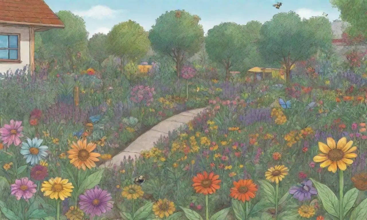 Jardín colorido y sostenible con plantas diversas y participación comunitaria