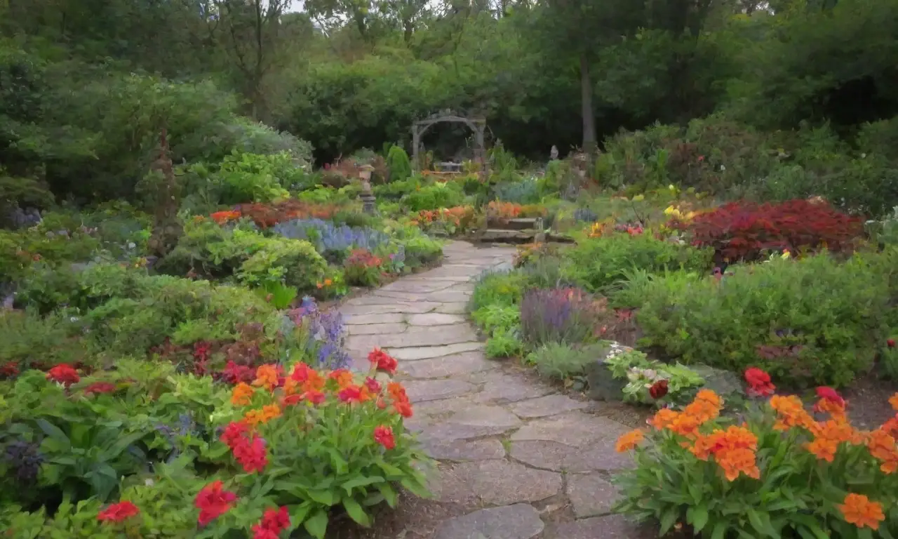 Jardín vibrante con plantas diversas, flores coloridas y fauna amigable