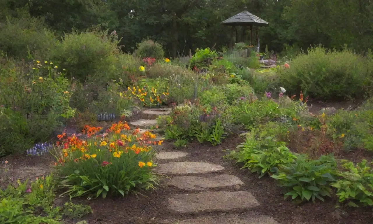 Un jardín vibrante con plantas diversas, insectos beneficiosos y polinizadores