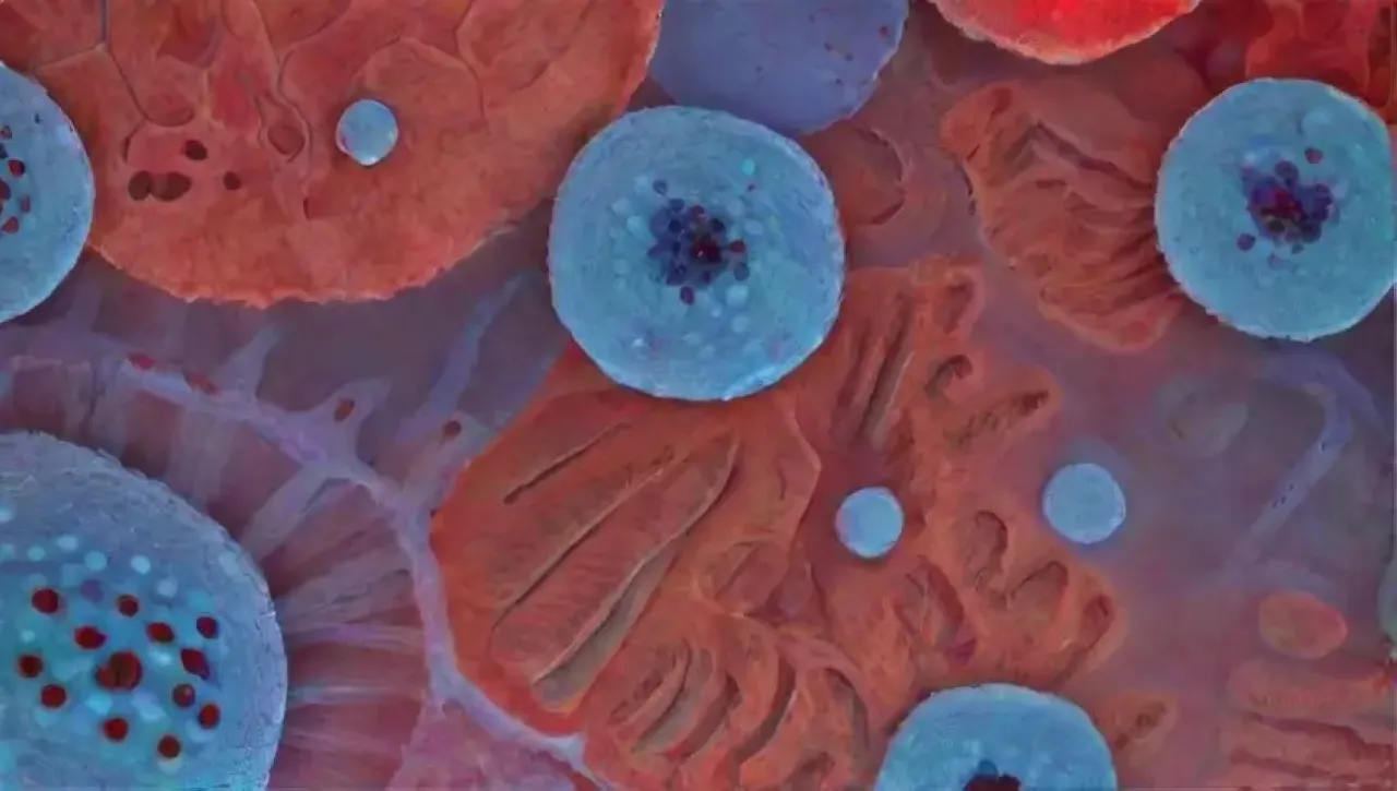 Un fondo vibrante con patrones celulares, colores intensos y elementos médicos