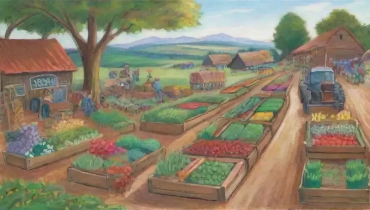 Un paisaje agrícola vibrante y comunitario lleno de vida y sostenibilidad