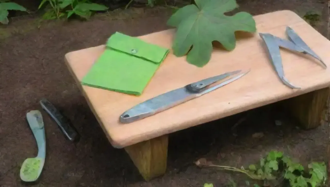 Una mesa rústica con herramientas de injerto y un ambiente sereno de jardín