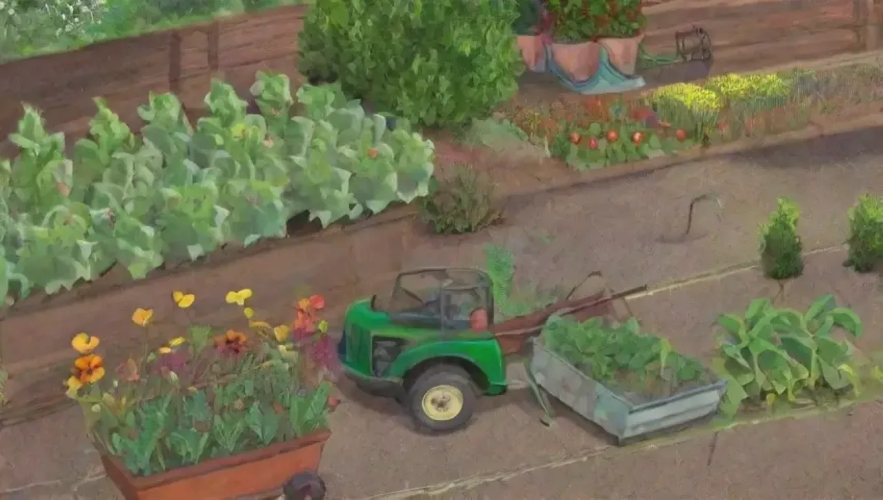 Un vibrante jardín urbano lleno de vida, colores y cosechas