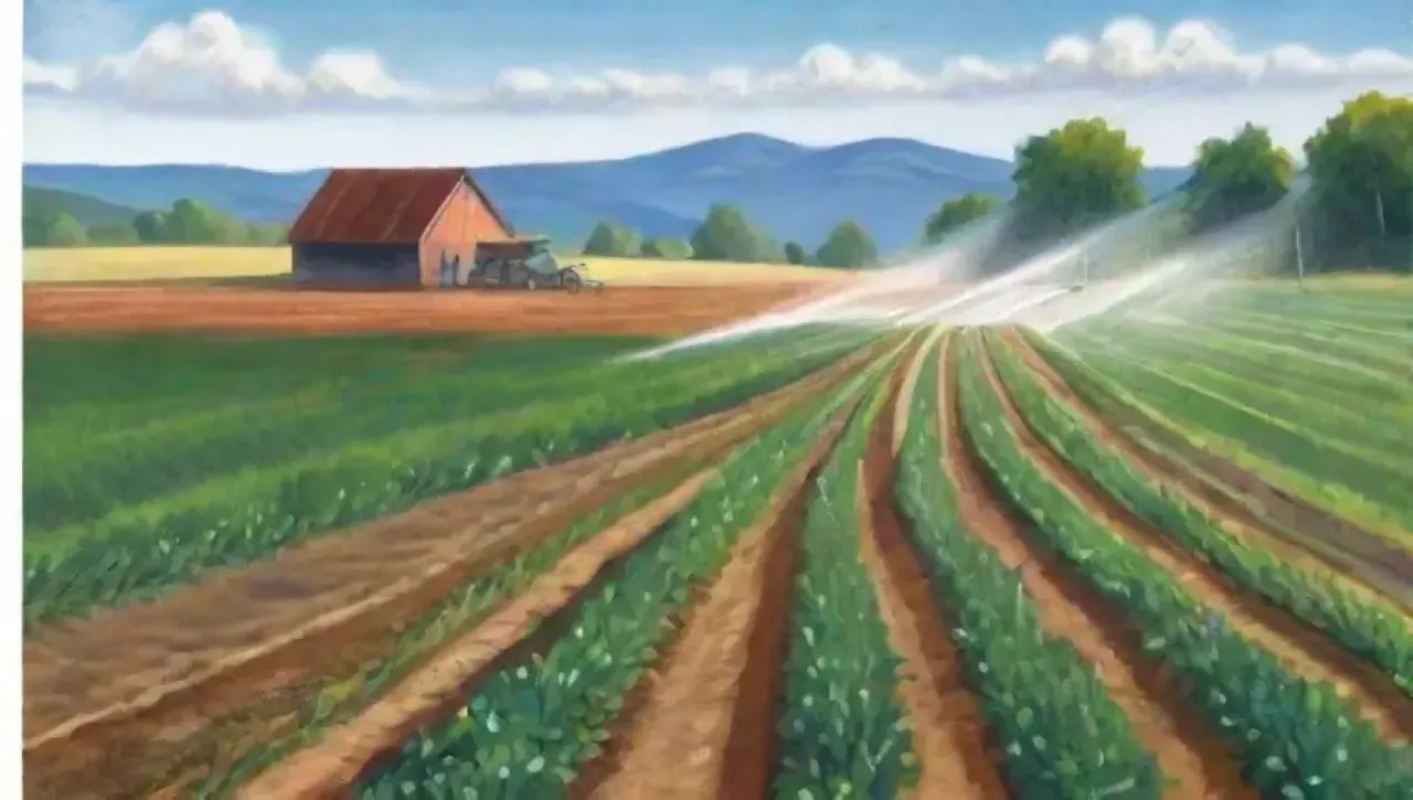 Un campo verde bajo un cielo azul, con un agricultor pensativo y un ambiente tranquilo