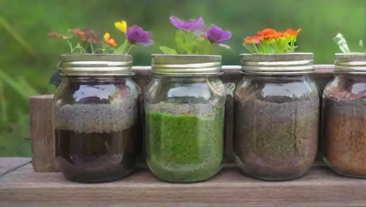 Un colorido y acogedor jardín con frascos de vidrio, plantas vibrantes y luz solar