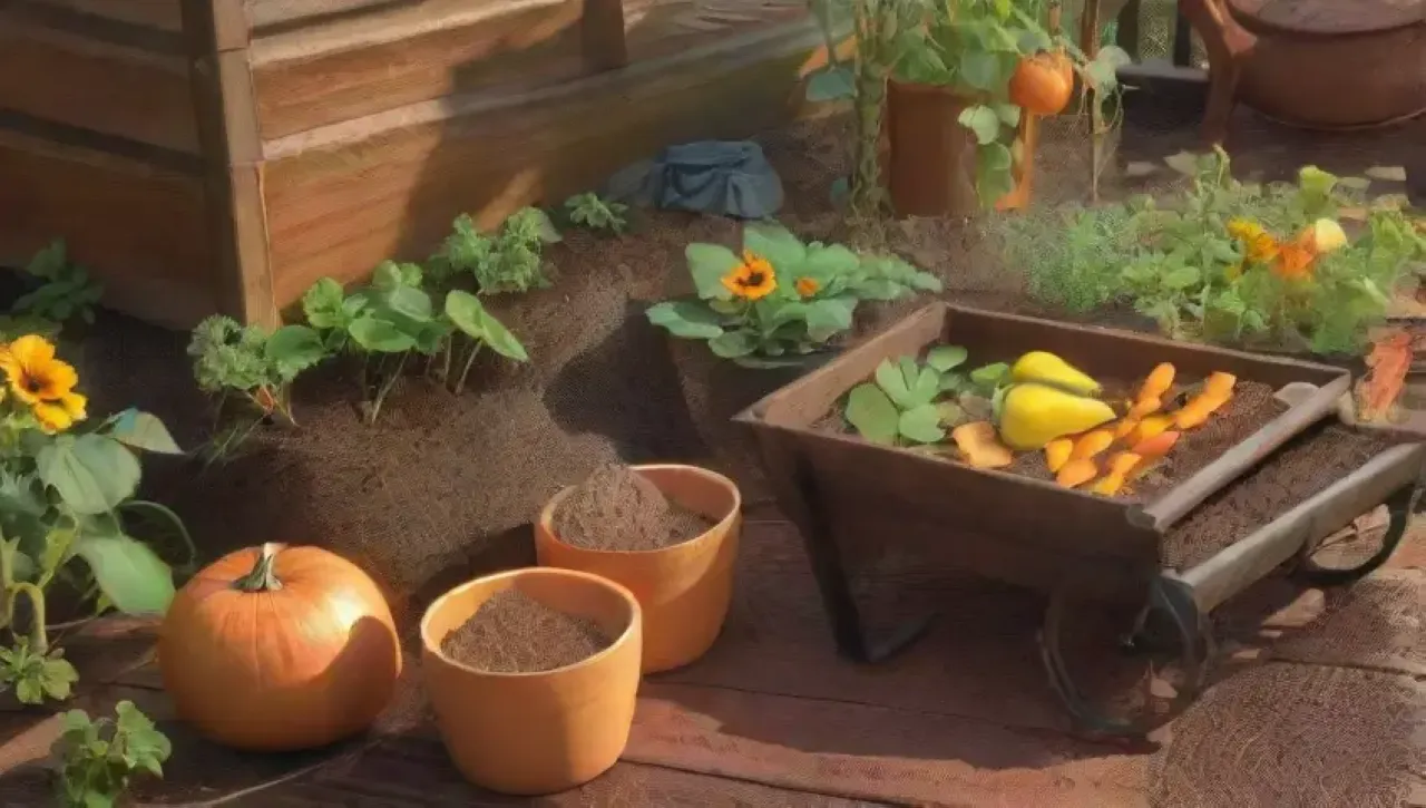 Un tranquilo jardín otoñal lleno de herramientas, plantas y calidez