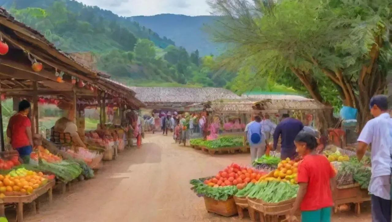 Un mercado local vibrante con productos frescos, naturaleza y comunidad