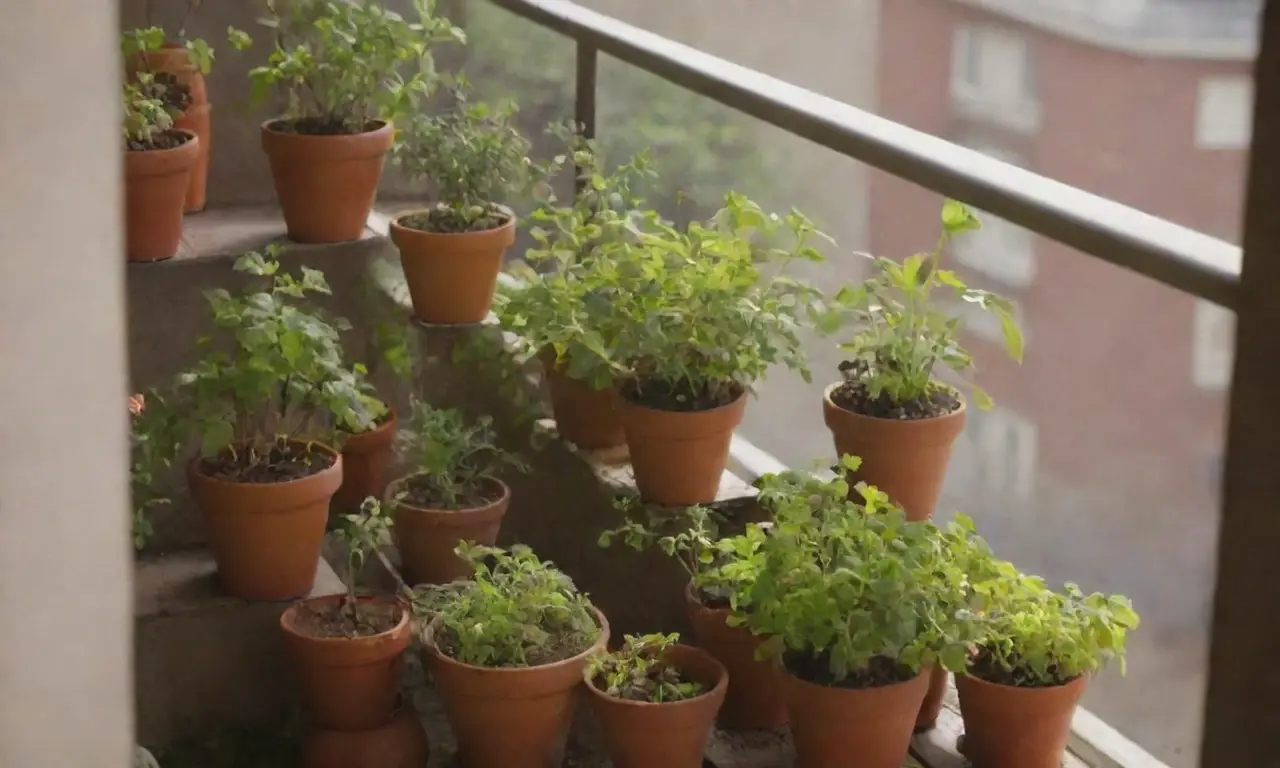 Jardines pequeños en balcones urbanos con hierbas y verduras coloridas