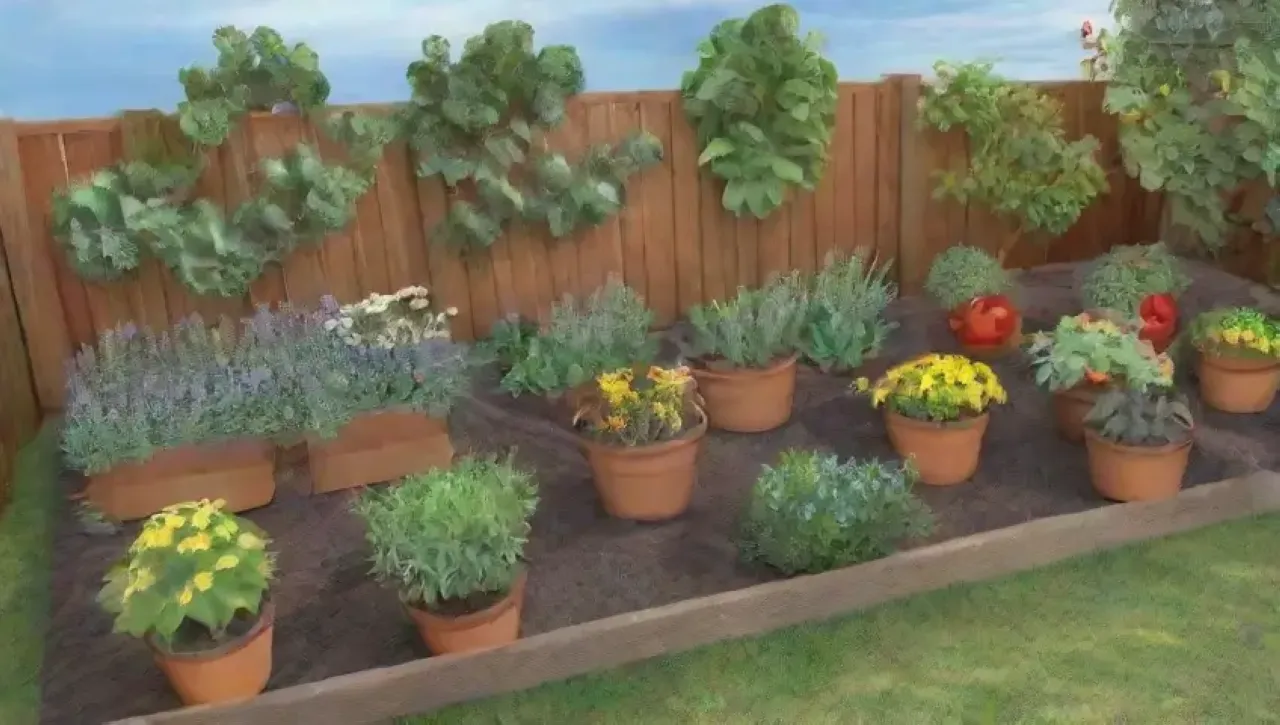 Un jardín vibrante y lleno de vida con plantas, flores, insectos y un ambiente armonioso