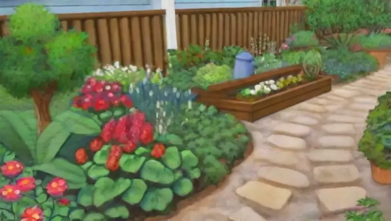 Un jardín vibrante y armonioso lleno de plantas, flores y vida