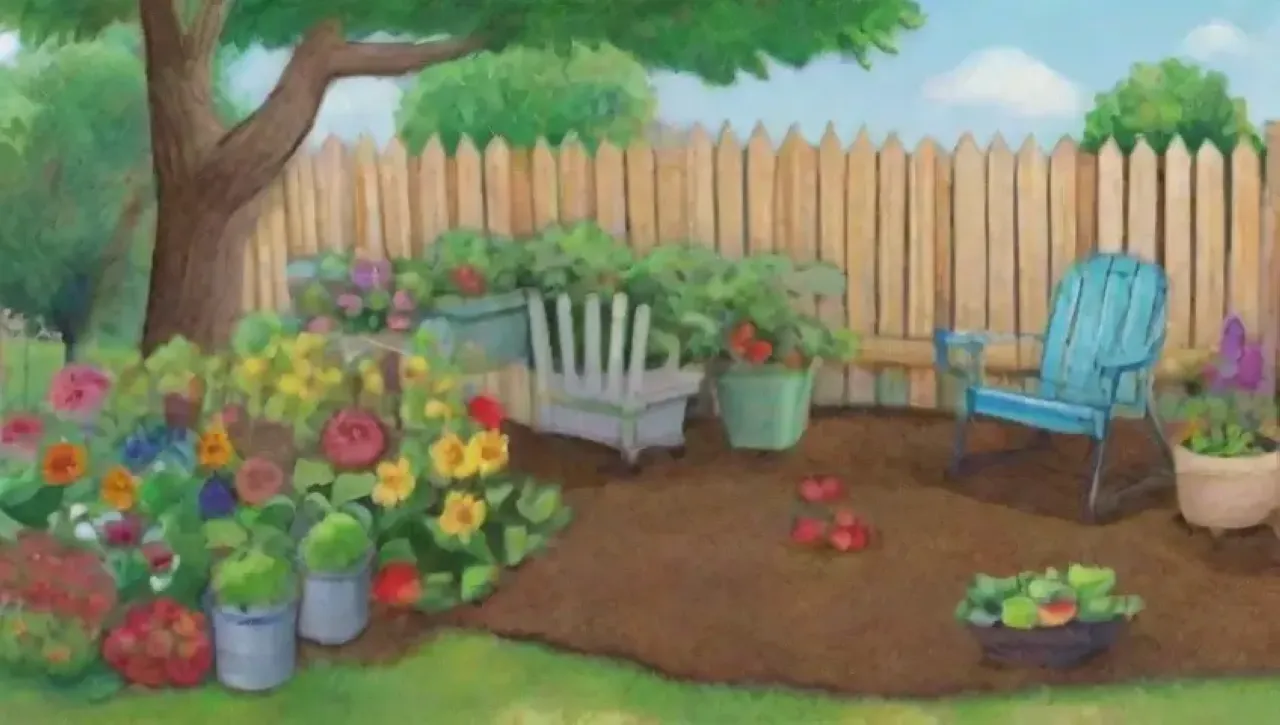 Un jardín vibrante y soleado lleno de vida y actividades familiares