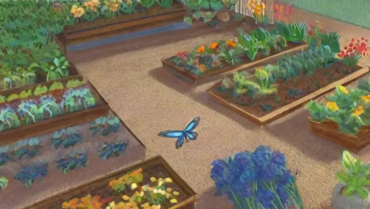 Un jardín vibrante y armonioso lleno de vida y color