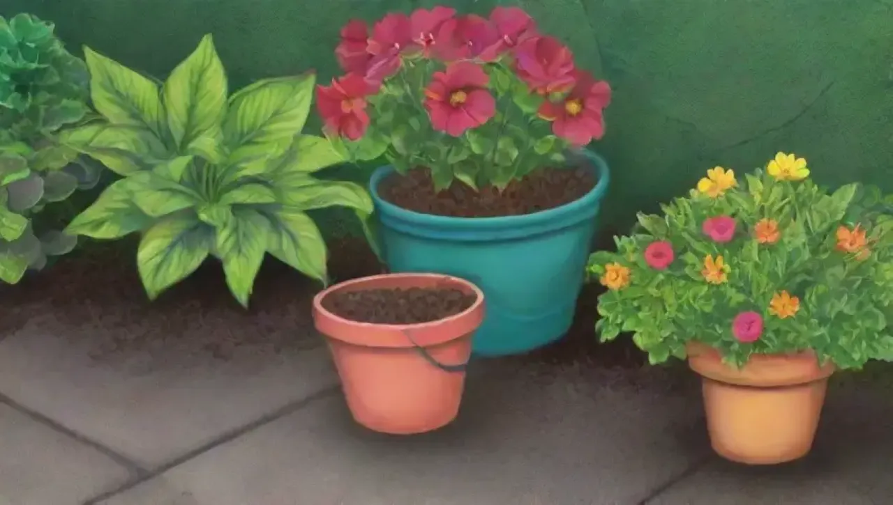 Un vibrante jardín lleno de hojas verdes, flores coloridas y herramientas de jardinería