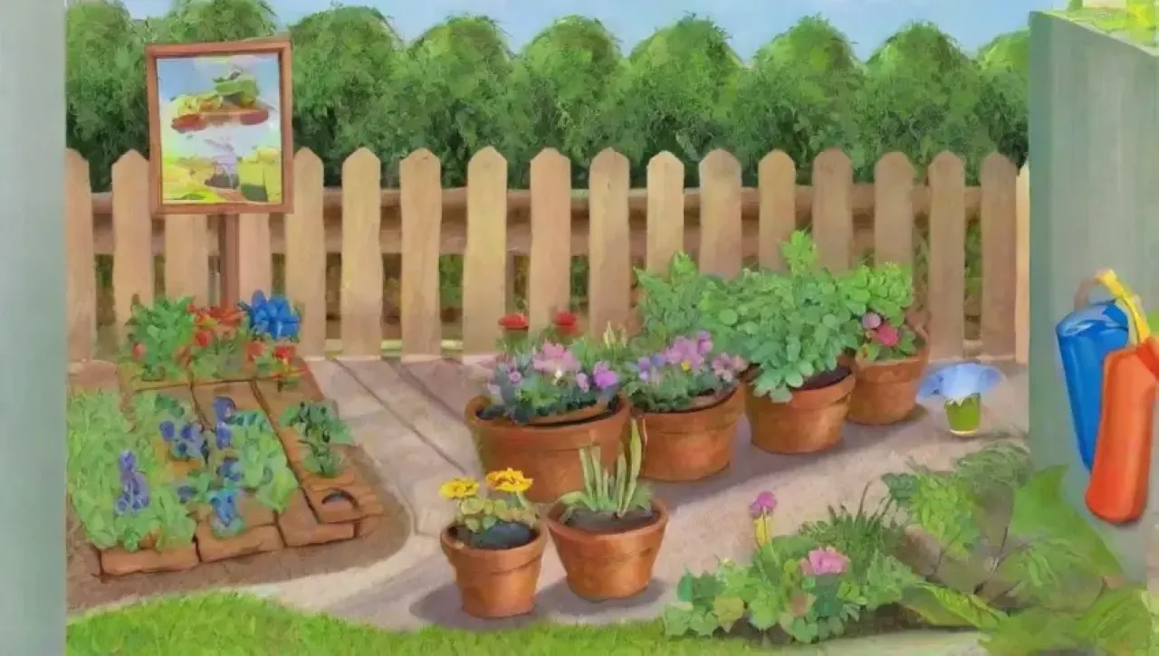 Un jardín soleado y vibrante, lleno de vida y preparación