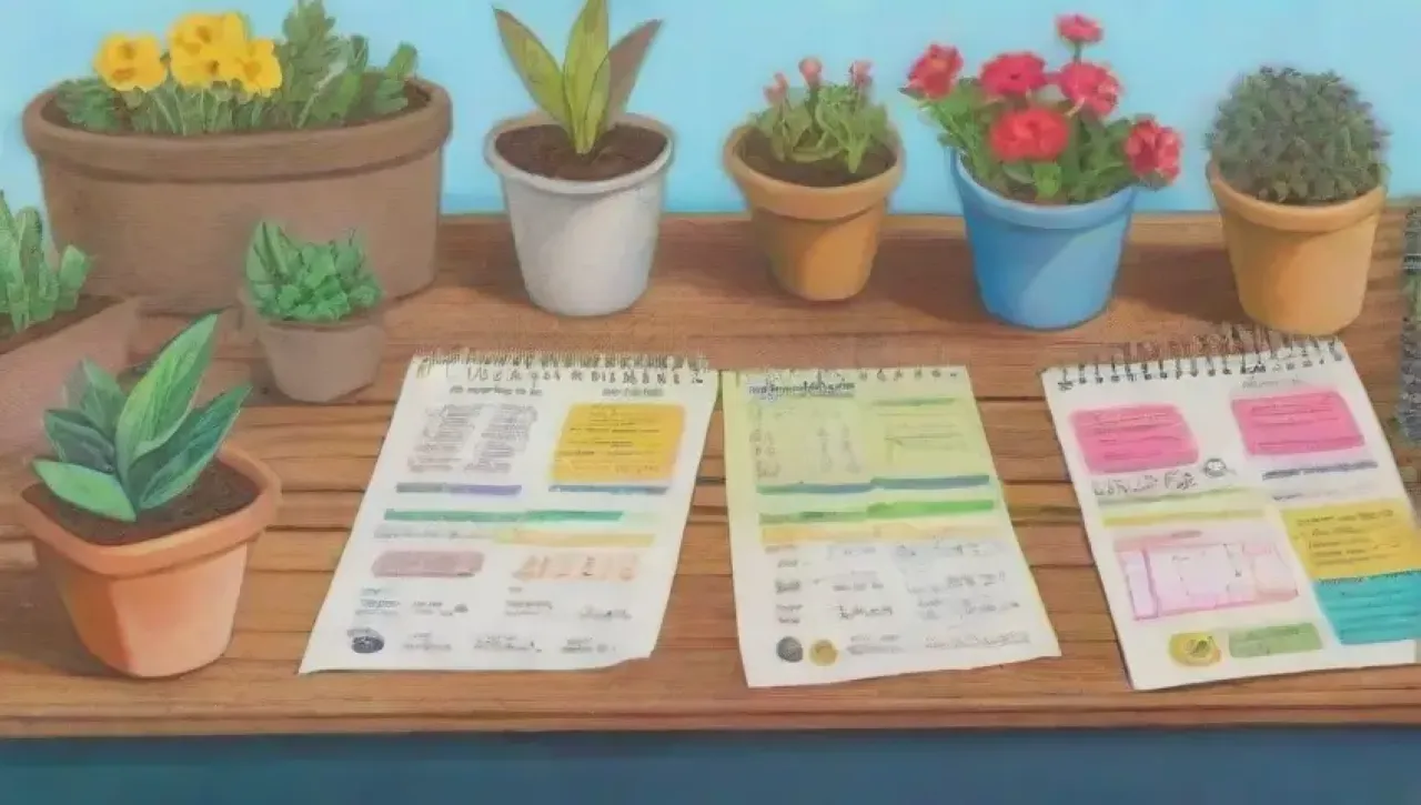 Un jardín vibrante con plantas, flores, herramientas y un espacio de trabajo inspirador