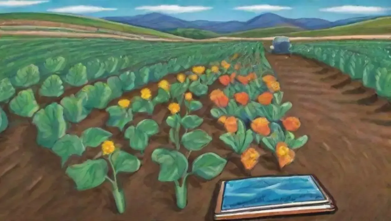Un paisaje agrícola vibrante y armonioso con campos verdes, cultivos, herramientas y naturaleza en abundancia