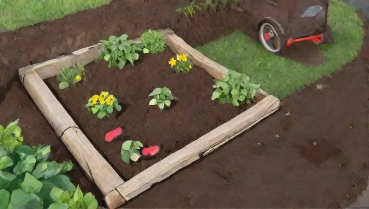 Un jardín vibrante con flores, herramientas y vida silvestre bajo un cielo azul