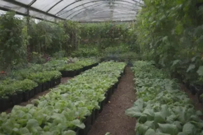 Huerto urbano con cultivos vibrantes y prácticas sostenibles
