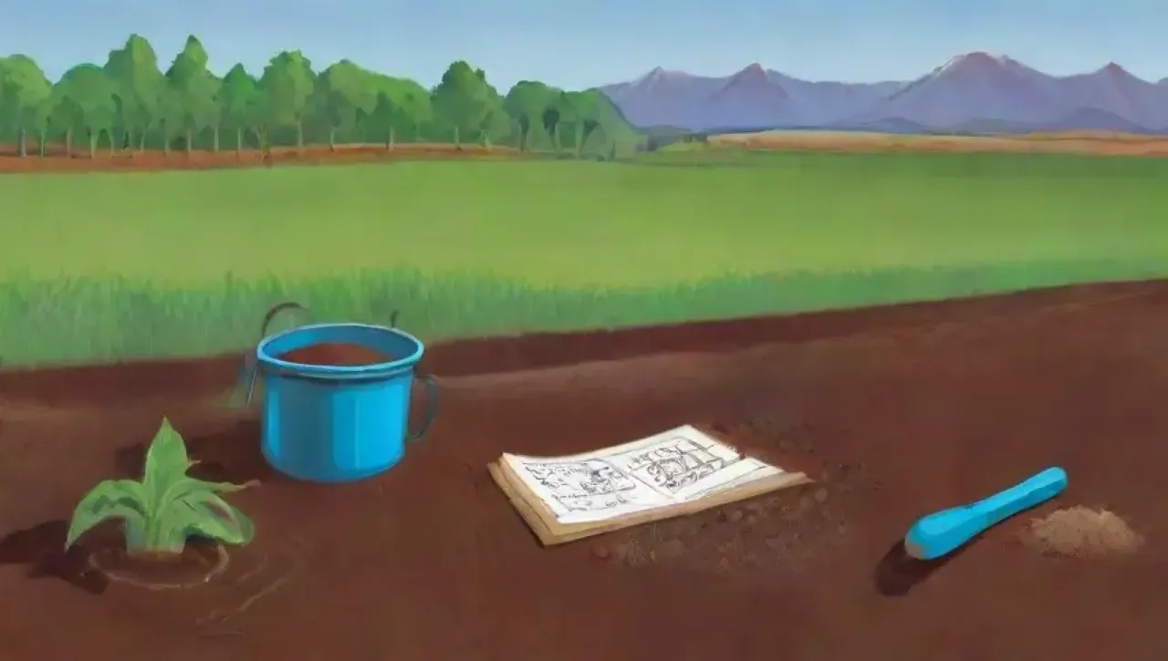Un paisaje vibrante con un agricultor analizando el suelo y cultivos verdes bajo un cielo azul