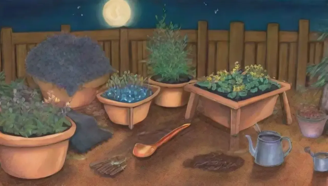 Un jardín sereno bajo la luna, con plantas, herramientas y una atmósfera de tranquilidad