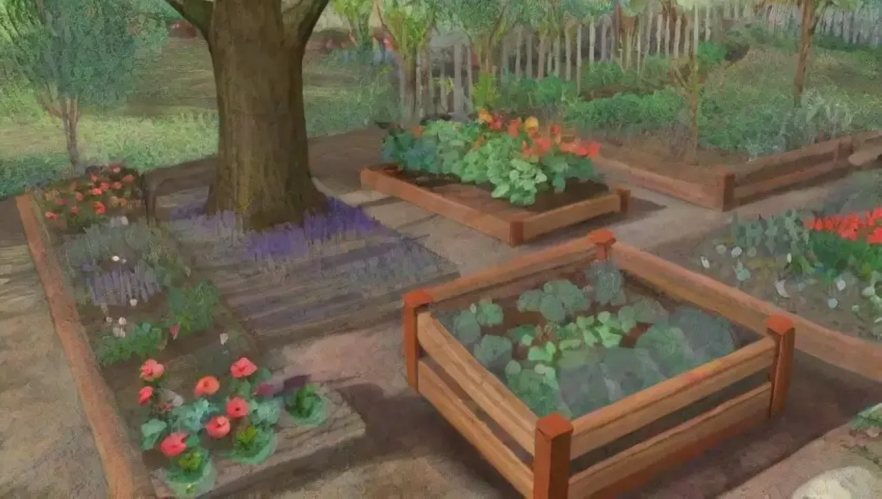 Un jardín vibrante y armonioso lleno de plantas, flores y vida