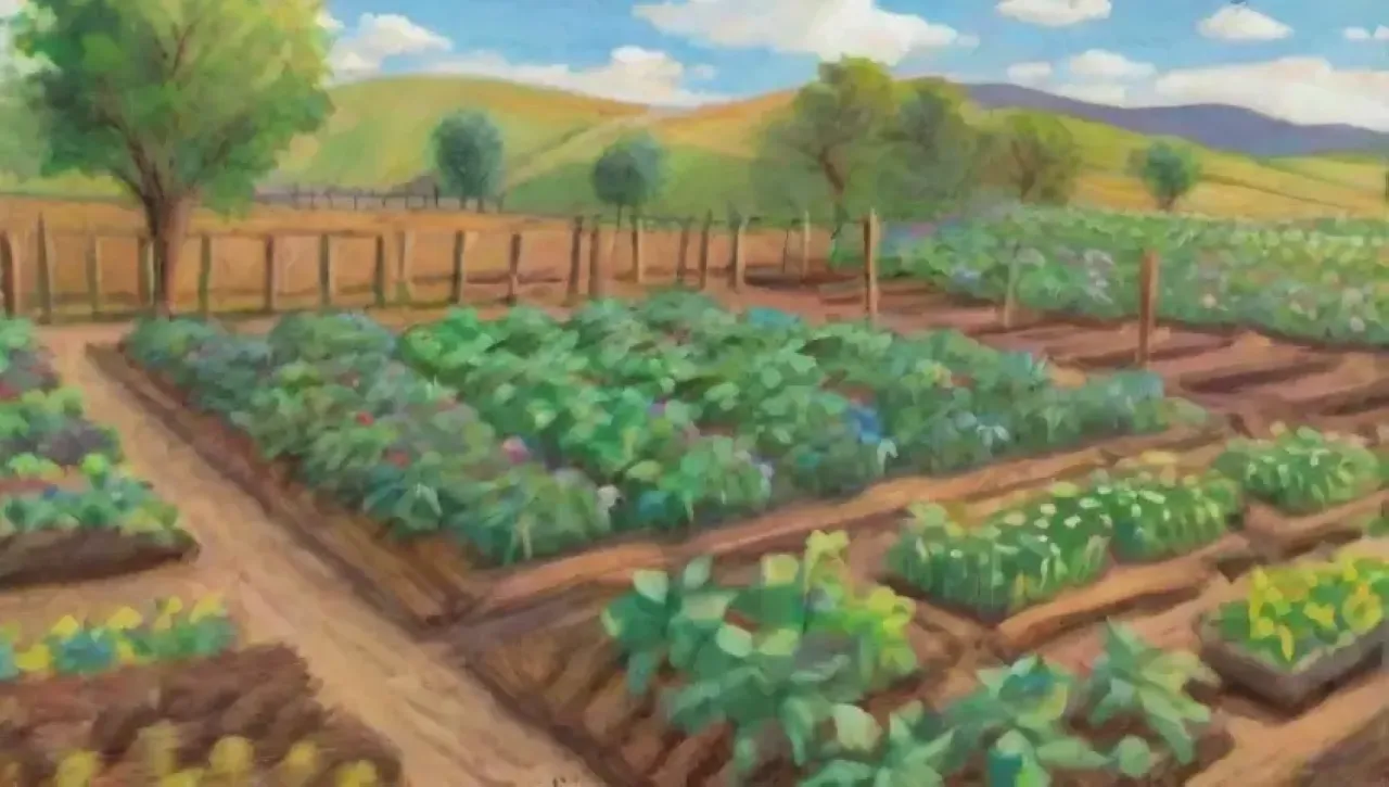 Un paisaje agrícola vibrante y diverso con legumbres, flores silvestres y un ecosistema armonioso