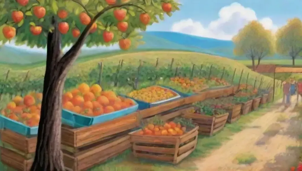 Un paisaje agrícola vibrante y diverso lleno de frutas, flores y prácticas sostenibles