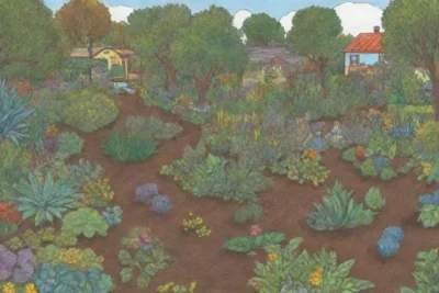 Jardín vibrante y sostenible con plantas diversas y vida interconectada