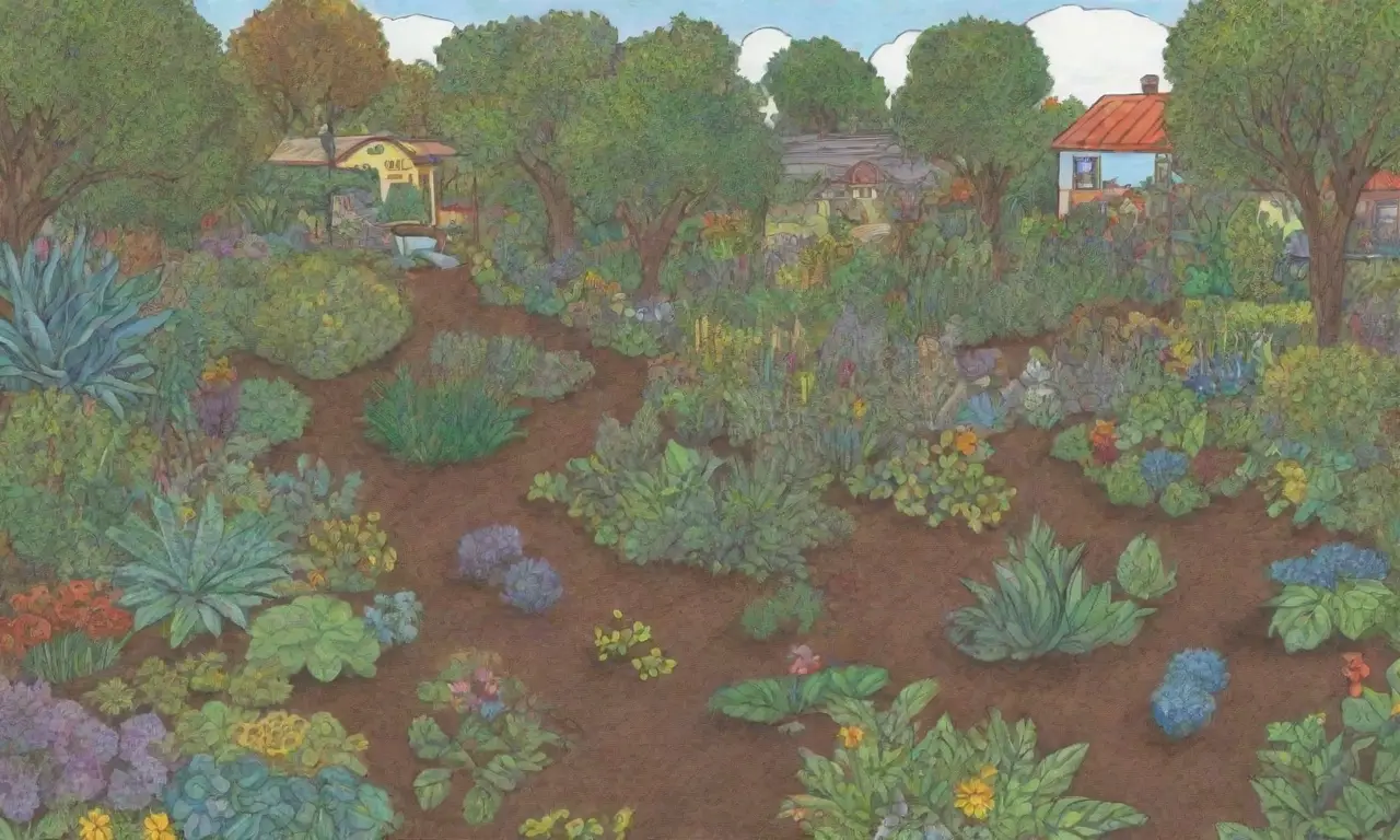 Jardín vibrante y sostenible con plantas diversas y vida interconectada